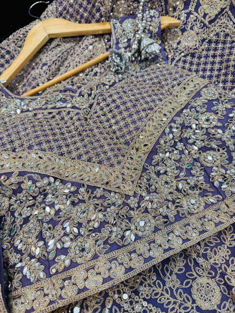 Plus size Netting based heavy embroidery with mirror work designer blouse with heavy flared lehnga and netting based sequined work dupatta