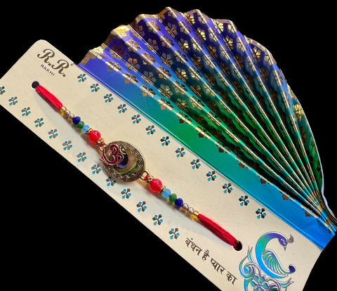 Peacock feather with 🕉️design Beautiful Stone Work Rakhi in nice pack gift card