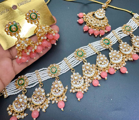 Kundan stone with pearls beaded choker set with beautiful earrings & tikka