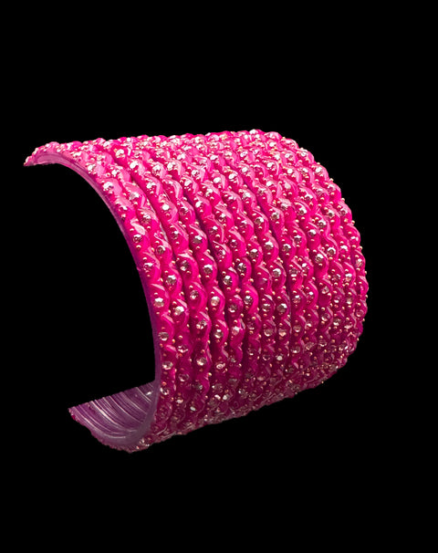 Hot Pink color Golden jerkan Stone beautiful Glass Bangles (1 Dozen in 1 pack ) Price per pack