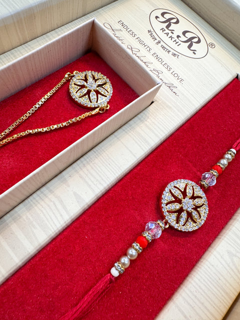 AD stone Work Bhai Bhabhi Rakhi in nice pack gift box with Mishri, Sindoor, Rice, Chandan