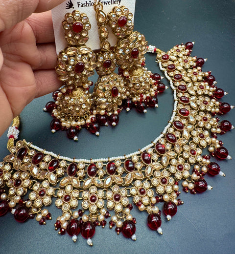 Polki stone with pearls beaded work beautiful necklace with jhumka and tikka set