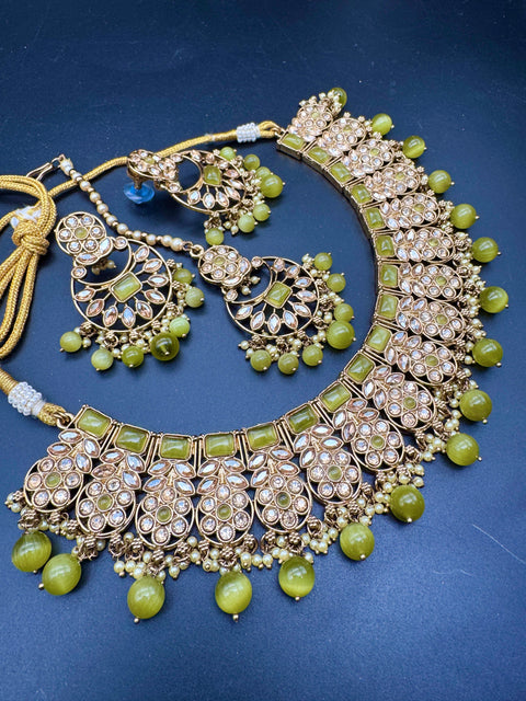 Original Polki stone with pearls beaded work beautiful necklace with jhumka and tikka set