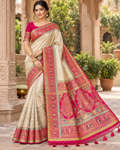 Pure Soft Silk Kalamkari-Inspired Saree with beautiful traditional motifs and a richly detailed pallu. Blouse shown on model is for reference only; actual blouse piece is attached with the saree. Slight variation in colour and design is possible.