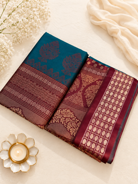 Premium Art Silk Saree Featuring Elegant Zari Weaving, Saree Comes With An Attached Blouse Piece. Model Blouse Is For Reference Only. Slight Variation In Colour And Design May Occur