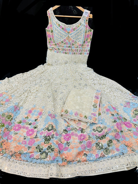 Netting Based heavy design mirror work With pearls & embroidery Work at front and back Designer Flared Kameez /Gown And netting Based Embroidery Work Dupatta(sleeves fabric attached inside )