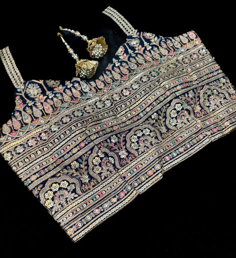 Georgette based embroidery work with sequins work all over lehnga and crop top designer blouse and netting sequined dupatta