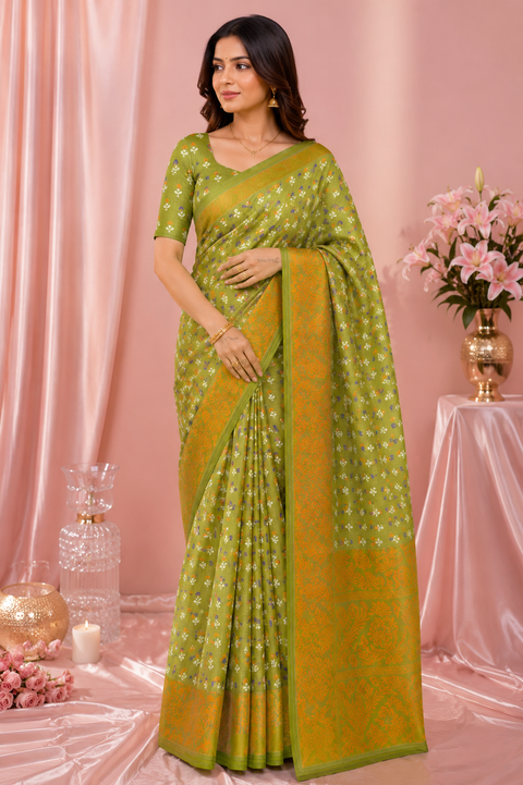 Graceful Semi Silk Cotton Saree adorned with charming floral prints and a rich woven pallu, An unstitched blouse piece is attached with the saree (slight variation in color and design is possible )