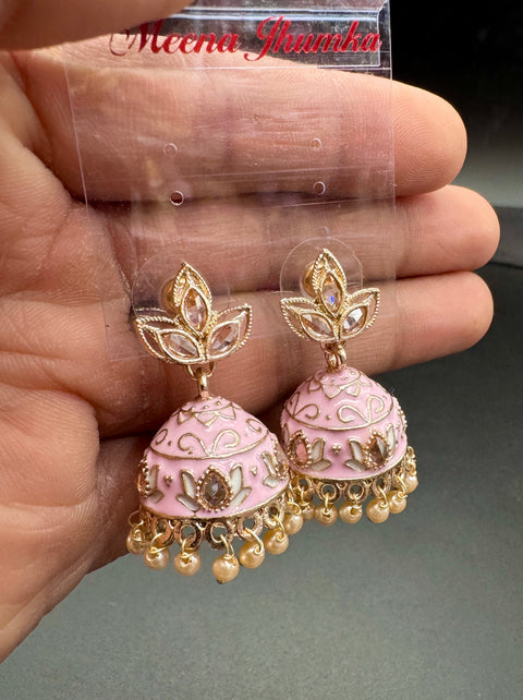 Polki Stone With Pearls Work Beautiful Meenakari Jhumka