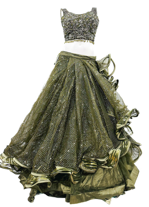Designer cocktail crop top with handwork in sequinned princess blouse and heavy ken ken with ring inside fully fluff design Lehnga