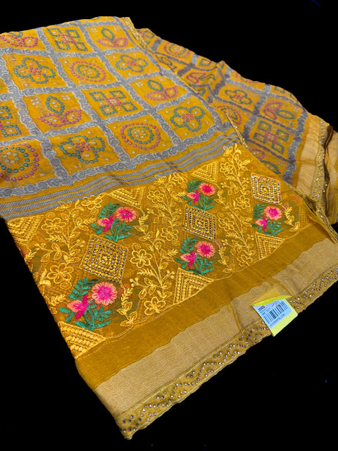 Beautiful Bandhani print work with Stones and embroidery design beautiful very soft Georgette Saree
