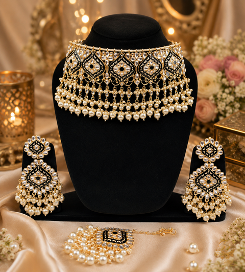 Handcrafted Kundan & Meenakari choker set with pearl detailing; (slight variation in color, design, and finishing may occur )