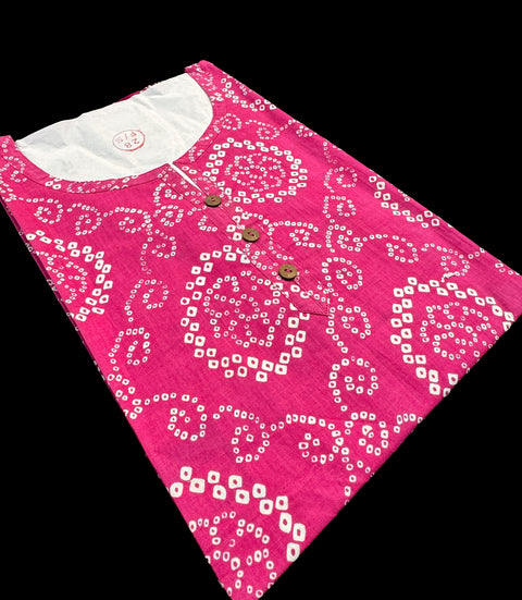 Bandhani print Pure Cotton based Printed short Kurti for girls /Ladies (Size 38 - length 28 inches, Size 42 ,46, 48 length -31 inches)sleeves 17 inch