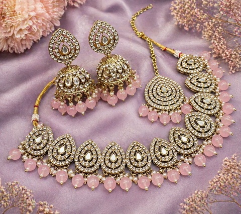 Jerkan stone with pearls beaded work beautiful necklace with jhumka and tikka set
