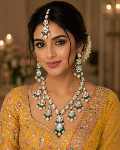 Kundan with jerkan stone designer long necklace with earrings
