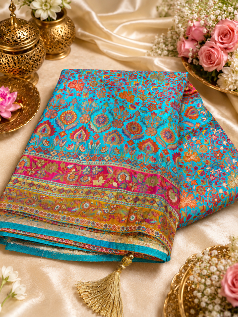 Kashmiri Kalamkari Inspired Soft Silk Saree with vibrant multicolour weaving and an elegant contrast pallu for a rich, timeless look.Blouse piece attached. Model image for reference only. Slight variation in colour and design may occur.