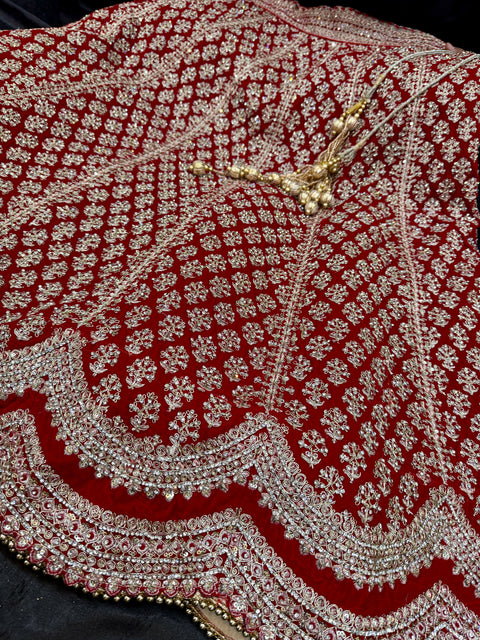 (Video attached) Dark Red colour velvet based lehnga with heavy handwork with stones & embroidery work fully heavy flared beautiful designer Readymade Bridal lehnga with very heavy embroidered netting dupatta with kamarbelt SIZE 42(UPTO 44)