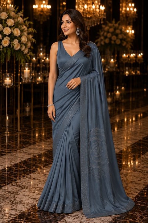 Beautiful swarovski Stones work Roses design beautiful Georgette Silk Saree. The Blouse Worn By The Model Is For Reference Purposes Only. The Blouse Piece Is Attached Separately With The Saree. Slight Variation In Color And Design May Occur.
