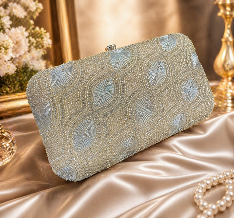 Stone work Handwork designer clutch bag with handle to carry with chain inside the clutch (can be attached or detached)