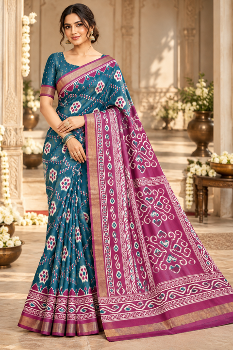 Soft silk blend saree with a flowy drape and elegant ikat-inspired weave. Contrast teal zari border adds a graceful look.Blouse piece attached. Slight variation in color/design may be possible.