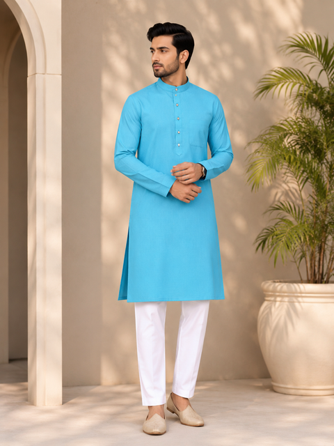 Sky blue Colour Cotton Kurta with White Pajama (slight variation in color and design is possible )