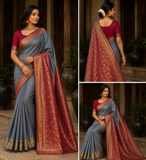 Beautiful Soft Silk Saree With Contrast Zari Border And Contrast Plain Blouse.Saree Comes With An Attached Blouse Piece. Model Blouse Is For Reference Only. Slight Variation In Colour And Design May Occur