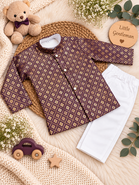 Adorable Brocade Silk Newborn Kurta Pajama Set with soft inner lining, easy front-open kurta and matching elasticated pajama for comfortable wear.Kurta L 35 cm,Chest 25 cm,Sleeve 24 cm,Pajama L 33 cm. Slight variation in colour & design may occur