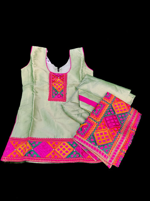 Mint with Hot Pink combination kids phulkari suit