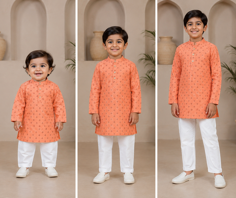 Peach Colour cotton Based Kids Printed Kurta With White Pajama pants (slight variation in color and design may occur)