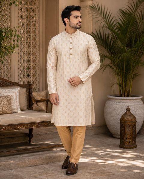 Soft Silk based Heavy brocade work designer Kurta with golden Pajama (slight variation in color and design is possible)
