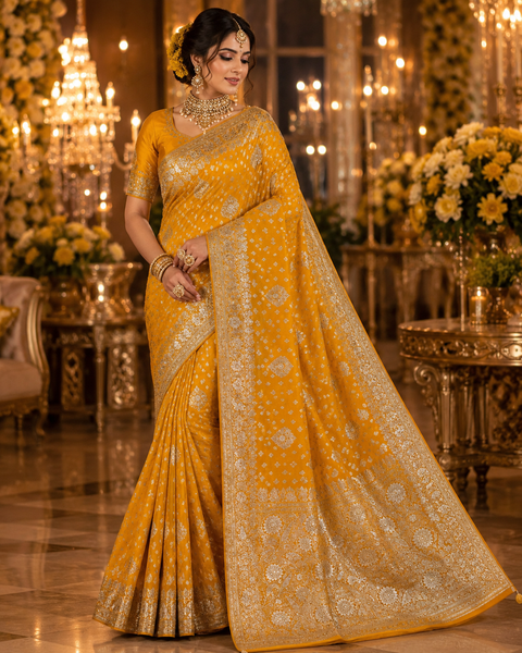 Luxurious Banarasi Silk Saree with rich zari weaving and elegant stone work on the pallu. Comes with an attached blouse piece. Model image is for reference only; slight variation in color and design may occur.