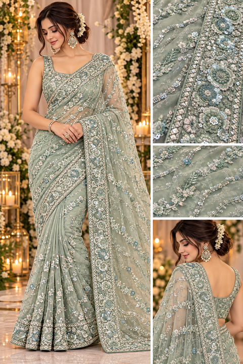 Heavy Embroidered Net Saree Beautiful net saree with all-over floral embroidery, sequin work & a rich heavy border.Blouse shown is for reference only; actual blouse piece is attached with the saree. Slight variation in colour/design possible.