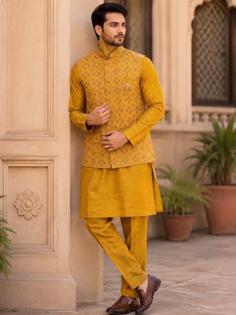 Vibrant mustard jacquard waistcoat set with a matching kurta and straight pants, perfect for festive celebrations and wedding occasions.slight variation in color and design may occur