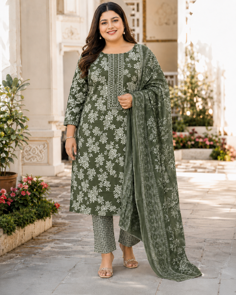 Elegant olive green floral straight suit in soft cotton fabric, featuring delicate neckline detailing, printed pants and a matching dupatta.Slight variation in color & design may occur