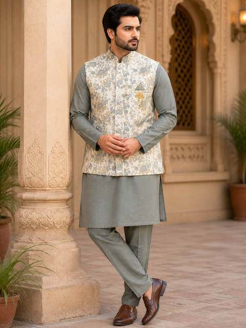 Elegant floral jacquard waistcoat set with a matching kurta and straight pants, perfect for weddings, festive celebrations, and special occasions.