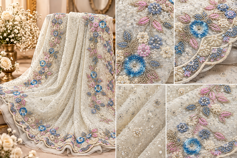 Elegant net saree intricate floral embroidery, shimmering sequins, beads and a beautifully detailed border.Comes with an attached embroidered blouse piece.Blouse worn by the model is for reference only. Slight variation in colour & design may occur