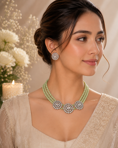 Silver stone pendant choker with pastel lime green pearls (slight variation in color and design is possible)