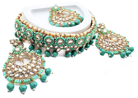 Pearls beaded with Kundan stone beautiful choker necklace with Earrings & Tikka