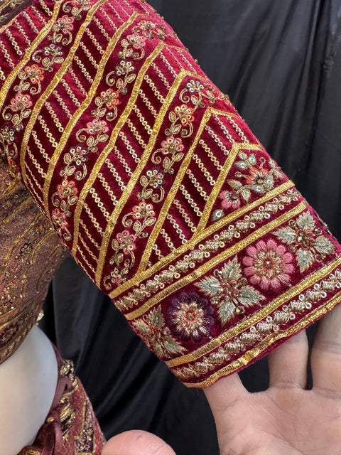 (Video clip attached)size42(upto 46)Pastel Purple mauve shade velvet based heavy embroidery & gotta patti work with golden stone & maroon with pink Mint colour flower design very heavy super big flared heavy ken designer Bridal Lehnga with bigger tessels
