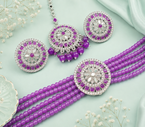 Beautiful jerkan stones and mirror work choker set with beautiful studs & Tikka