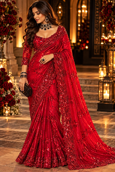 Elegant Red Partywear Saree featuring all-over sequin and beadwork with a beautifully detailed heavy scalloped border for a rich festive look. Comes with an attached blouse piece. Slight variation in colour and design is possible.