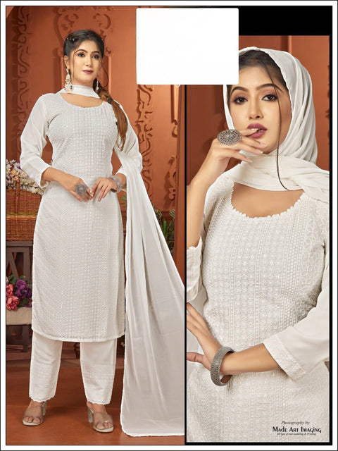 White color Georgette based embroidery work designer kameez with plazo pants and plain georgette dupatta with border(embroidery design can slight vary)