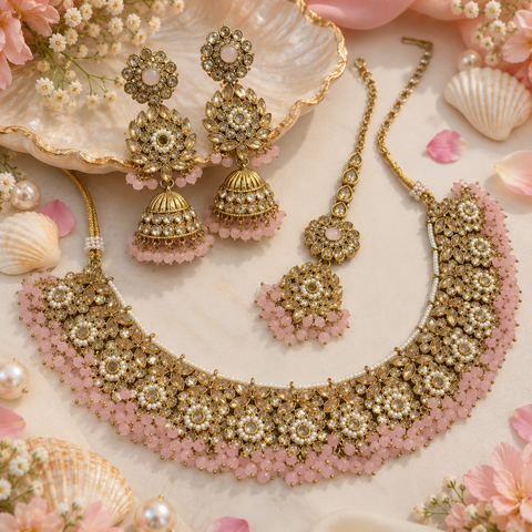 Beautifully crafted with sparkling golden stones, Polki-look stones, and colourful beads. Slight variations in colour and design are possible.
