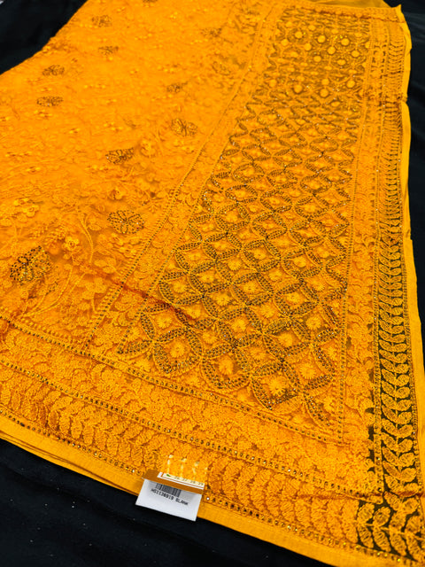 Netting based embroidery jaal all over with stone work designer saree