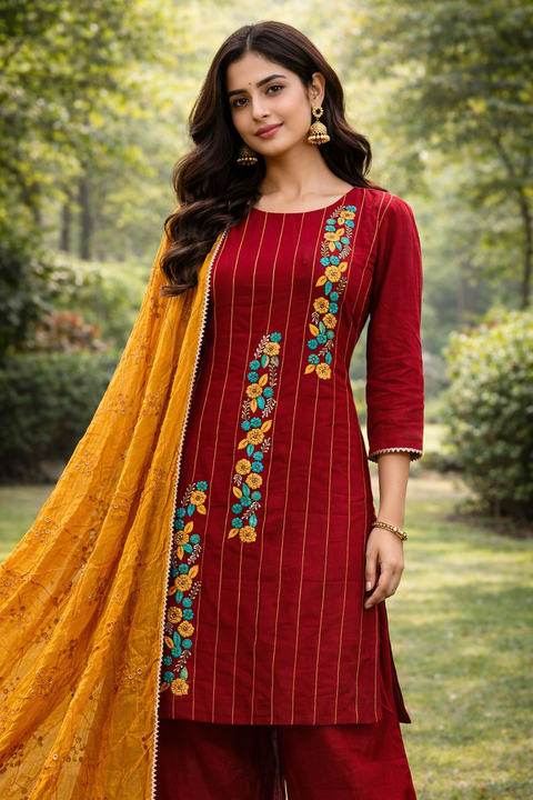Size 38 and can be altered upto 40) 
Crepe silk salwar suit featuring delicate floral embroidery and fine vertical detailing, with chiffon contrasting dupatta. Designed for a graceful, comfortable fit(slight variance in color and design is possible)