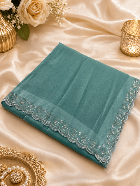 Shimmery Jimmy Choo Style Saree with a delicate handwork border and graceful flowy drape. Comes with a matching blouse piece; the blouse worn by the model is for reference purposes only. Slight variation in color and design may occur.