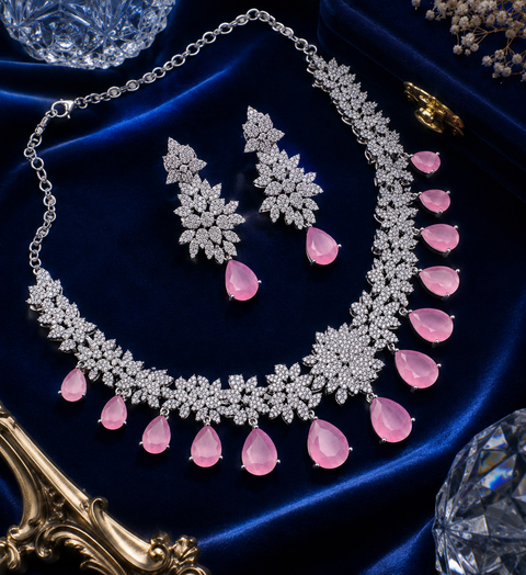 American Diamond stones very fine work classy necklace with beautiful earrings(slight variation in color & design is possible)