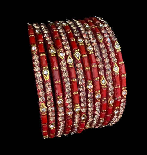 Deep Red color Golden jerkan Stone beautiful Glass Bangles (1 Dozen in 1 pack ) Price per pack