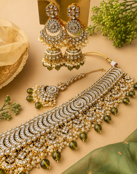 Kundan with pearls work beautiful heavy work choker necklace with designer Jhumka Earrings and Tikka