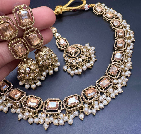 Polki Stone With Pearls Beaded Work Beautiful Necklace With Earrings And Tikka Set